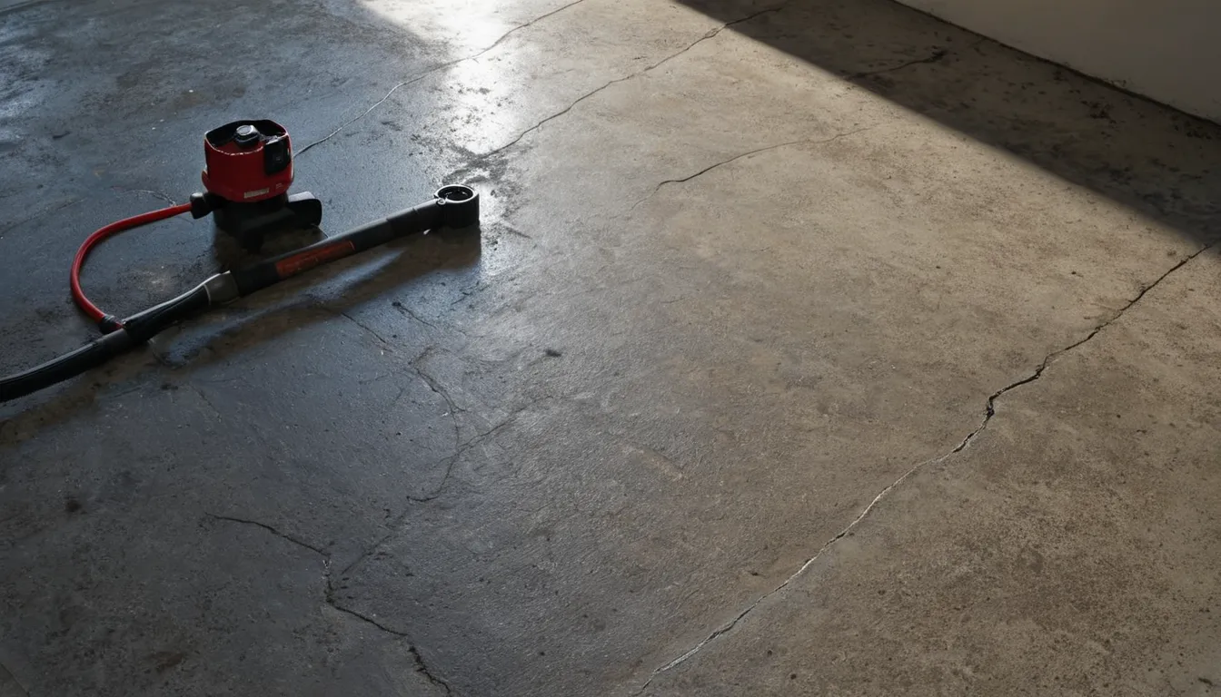 Close view of a concrete garage floor showing early stains and cracks